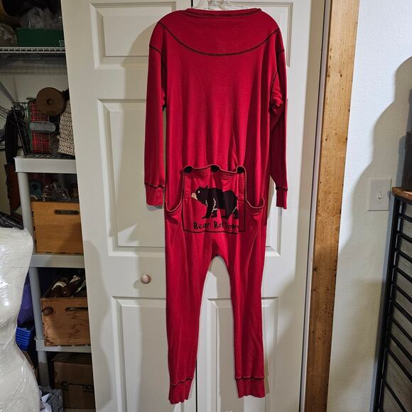 Lazy One Bear Bum Flapjack Pajamas XL Union Suit Romper Red Cotton Long Johns - Picture 3 of 10